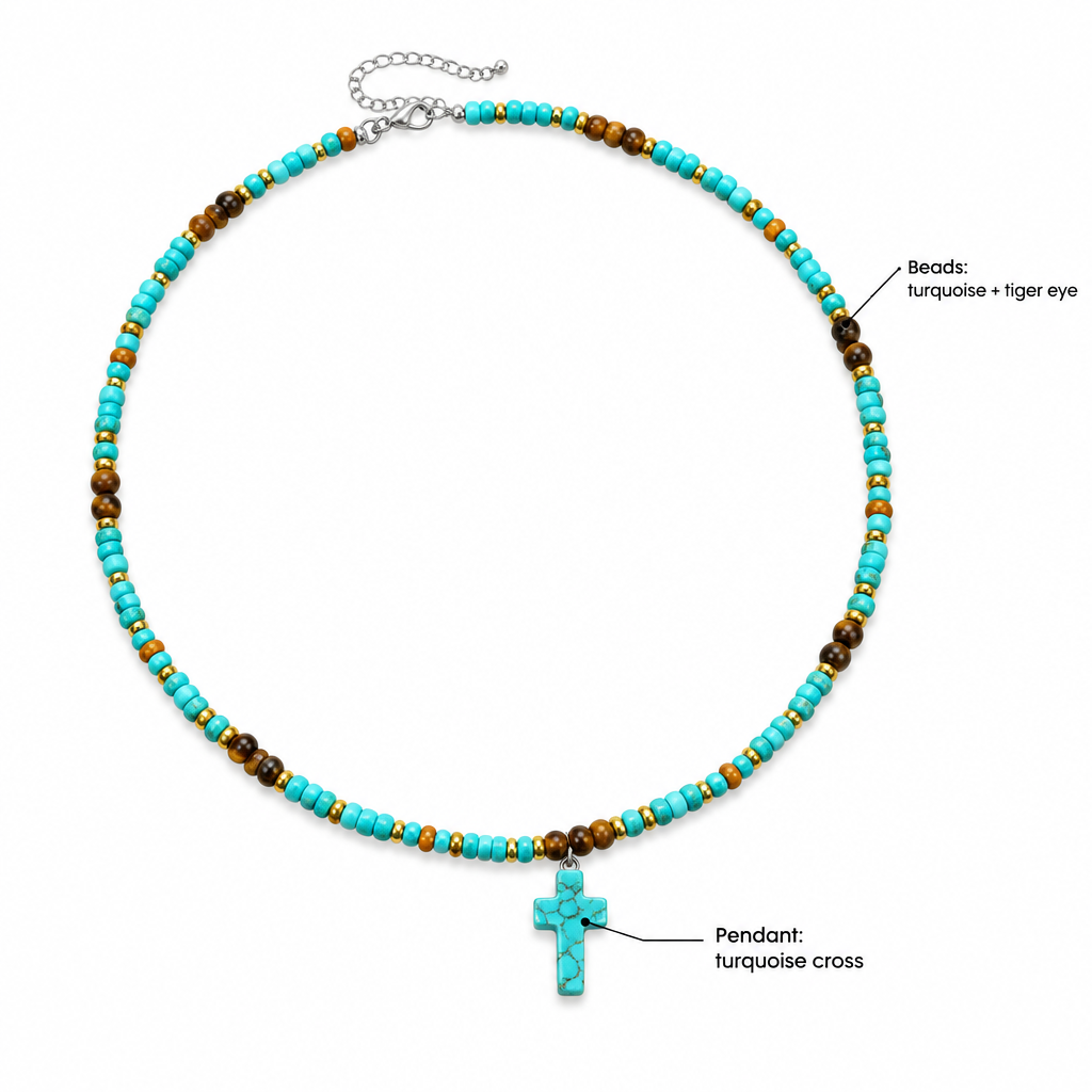 Specyfikacja naszyjnika – wisiorek krzyż turkusowy, koraliki turkus + tygrysie oko