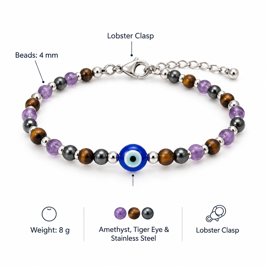 Bransoletka ametyst tygrysie oko evil eye, specyfikacja po angielsku, 4 mm, 8 g