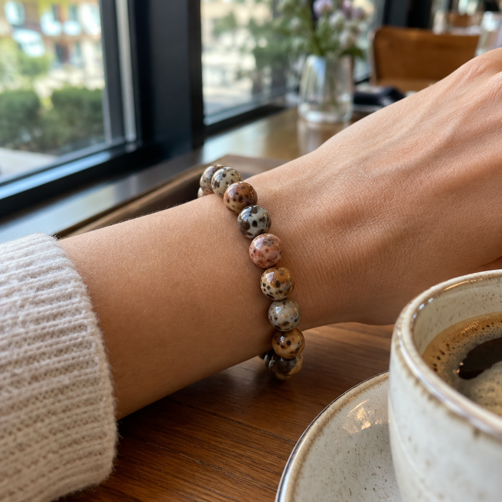 Bransoletka Leopard Skin Stone 8 mm na nadgarstku, lifestyle restauracja