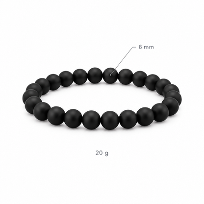 Bransoletka matowa czarna bez przetylki, specyfikacja na bialym tle, 8 mm, 20 g