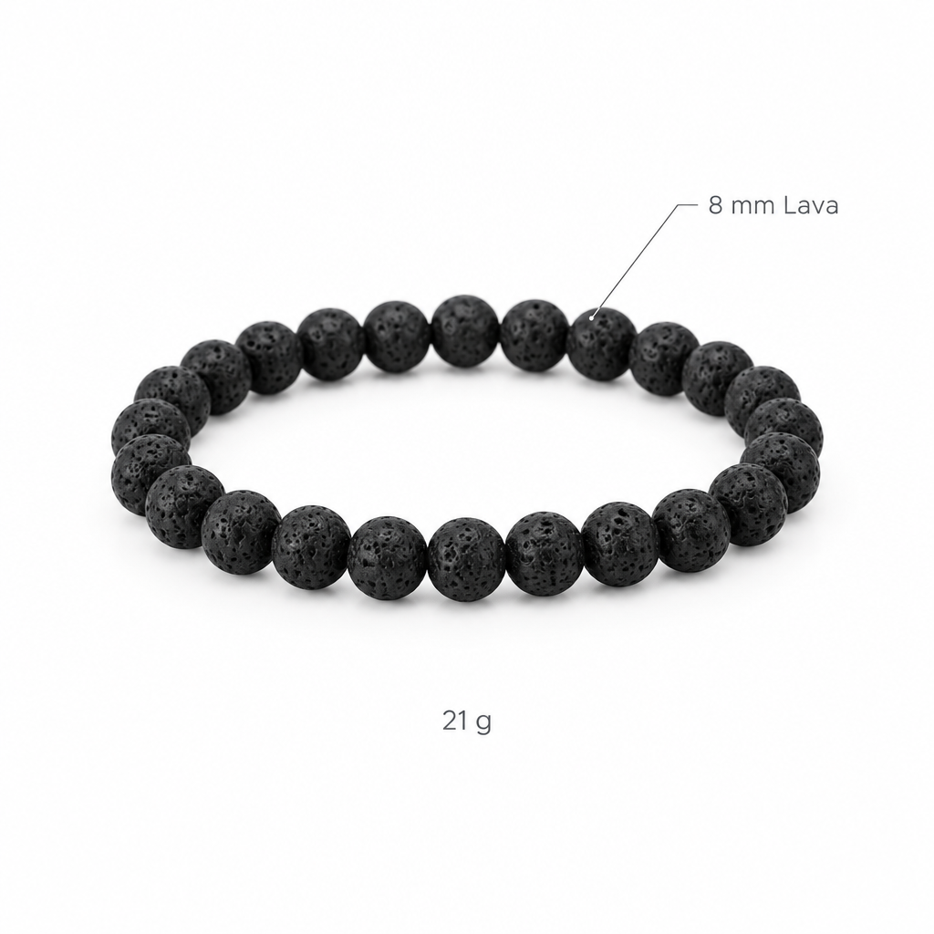 Bransoletka z kamienia lawy, specyfikacja na bialym tle, 8 mm Lava, 21 g