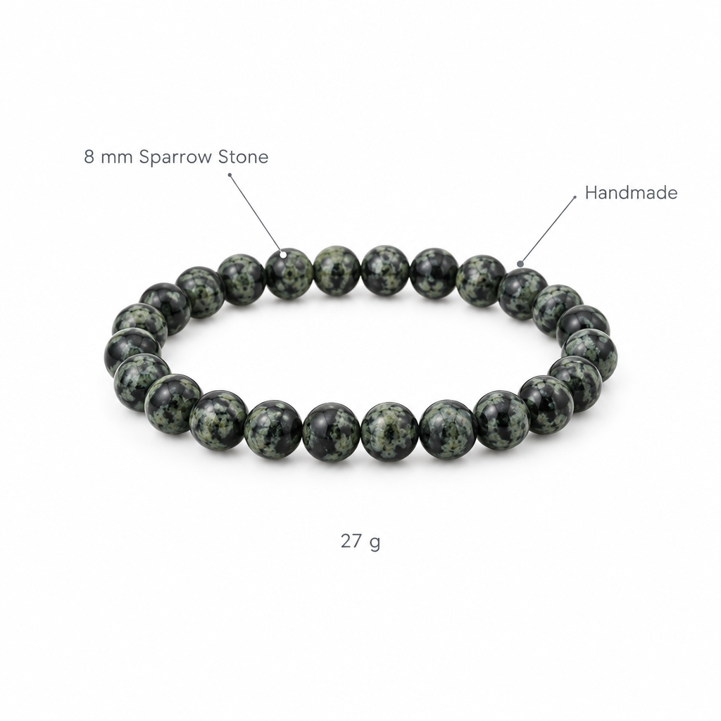 Bransoletka z kamienia wróblowego, specyfikacja na bialym tle, 8 mm Sparrow Stone, Handmade, 27 g