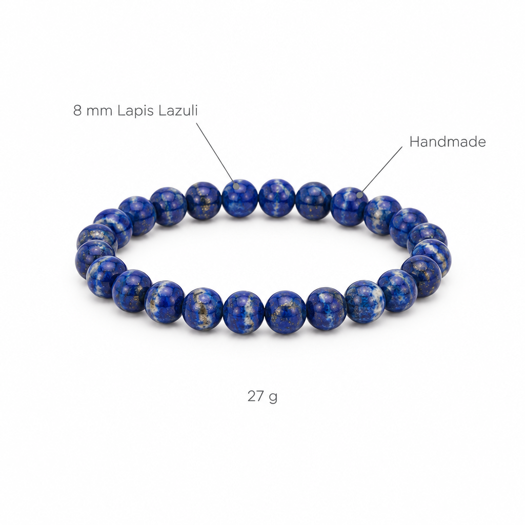 Bransoletka z lapisu lazuli, specyfikacja na bialym tle, 8 mm Lapis Lazuli, Handmade, 27 g