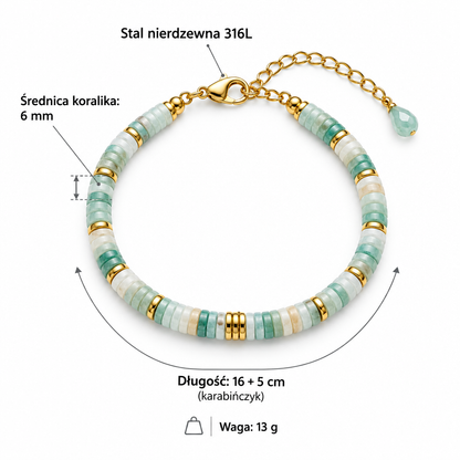 Specyfikacja bransoletki z amazonitu: koraliki 6 mm, długość 16 + 5 cm, waga 13 g, stal nierdzewna 316L