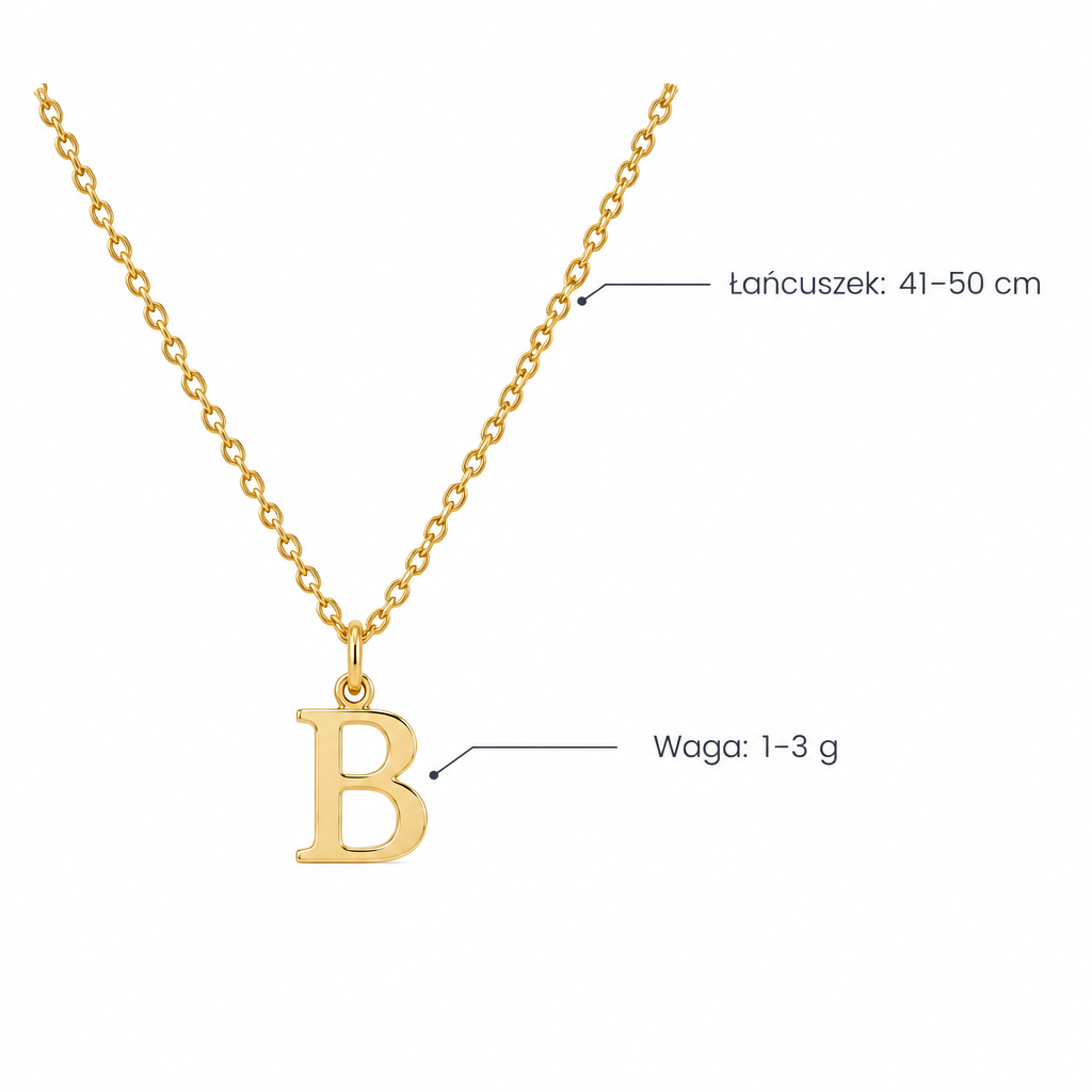 Złoty naszyjnik z literą B – specyfikacja: łańcuszek 41–50 cm, waga 1–3 g