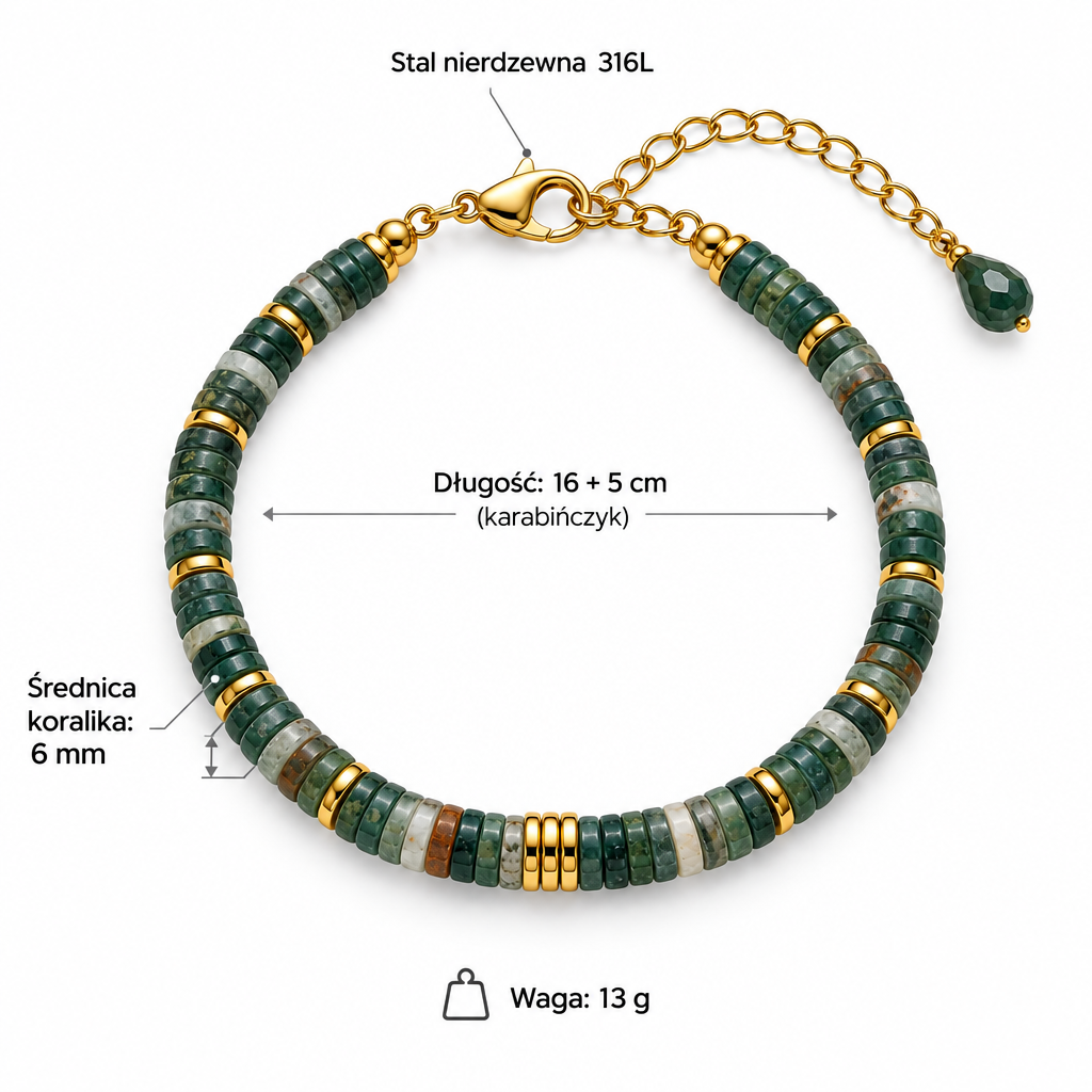 Specyfikacja bransoletki z agatu indyjskiego: koraliki 6 mm, długość 16 + 5 cm, waga 13 g, stal nierdzewna 316L