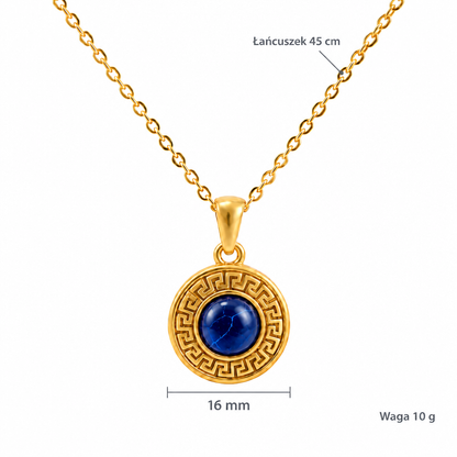 Specyfikacja złotego naszyjnika z kamieniem saphirblau w meandrze: wisiorek 16 mm, łańcuszek 45 cm, waga 10 g