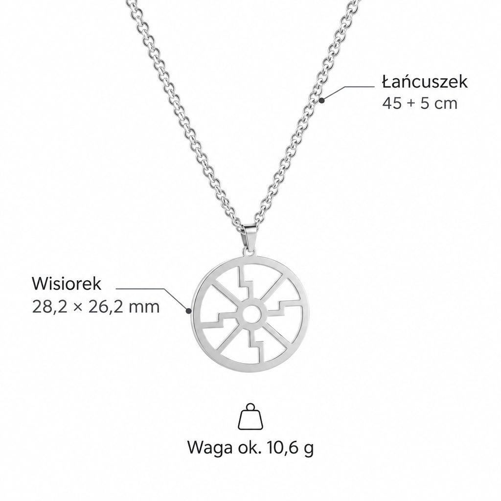 Specyfikacja naszyjnika z geometrycznym medalionem – wisiorek 28,2 × 26,2 mm, łańcuszek 45 + 5 cm, waga ok. 10,6 g