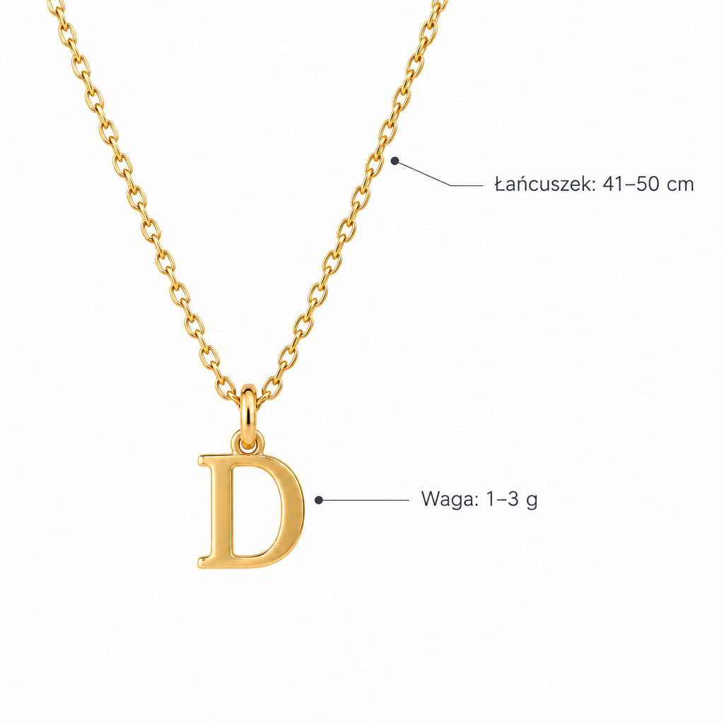 Złoty naszyjnik z literą D – specyfikacja: łańcuszek 41–50 cm, waga 1–3 g