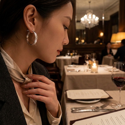 Kolczyki koła 30 mm z ukośną plisowaną fakturą i poprawionym zapięciem w restauracji