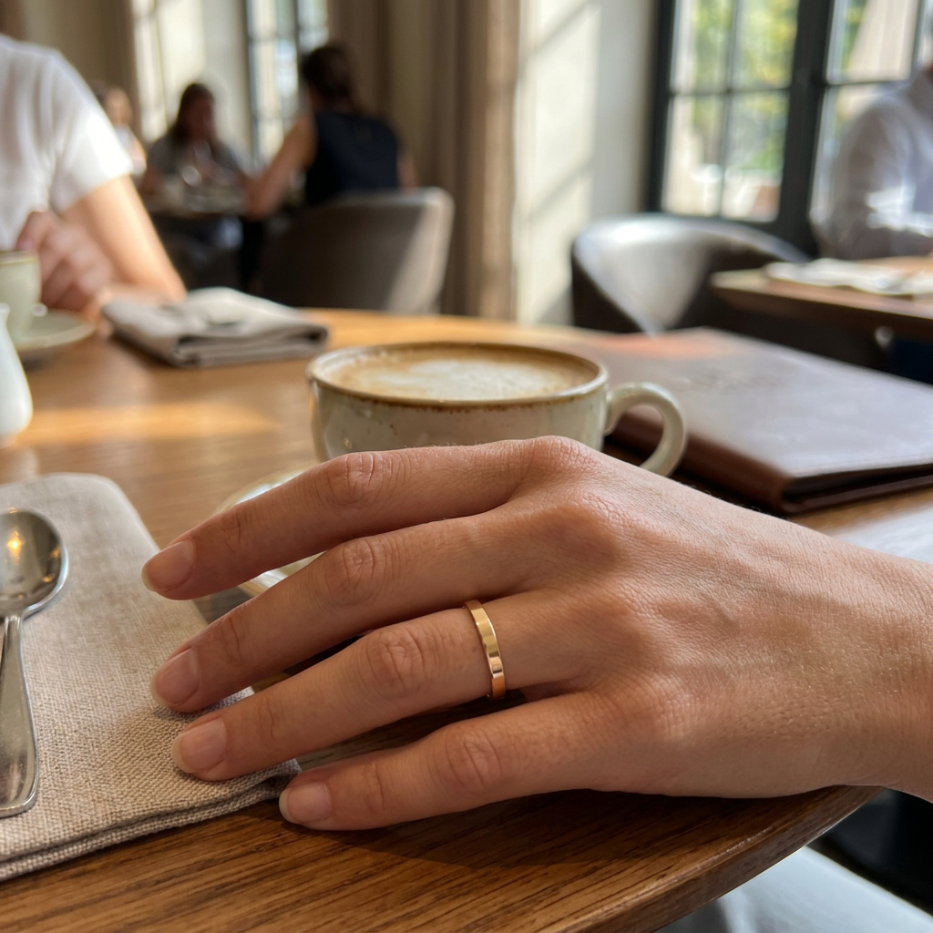 Jeden gładki złoty pierścionek na dłoni przy kawie w restauracji