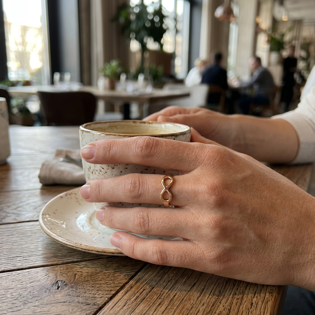 Jeden złoty pierścionek Infinity na dłoni przy kawie w restauracji