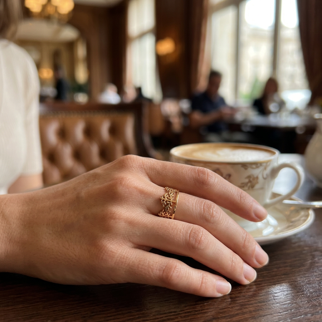 Jeden złoty pierścionek z ażurową koroną na dłoni przy kawie w restauracji