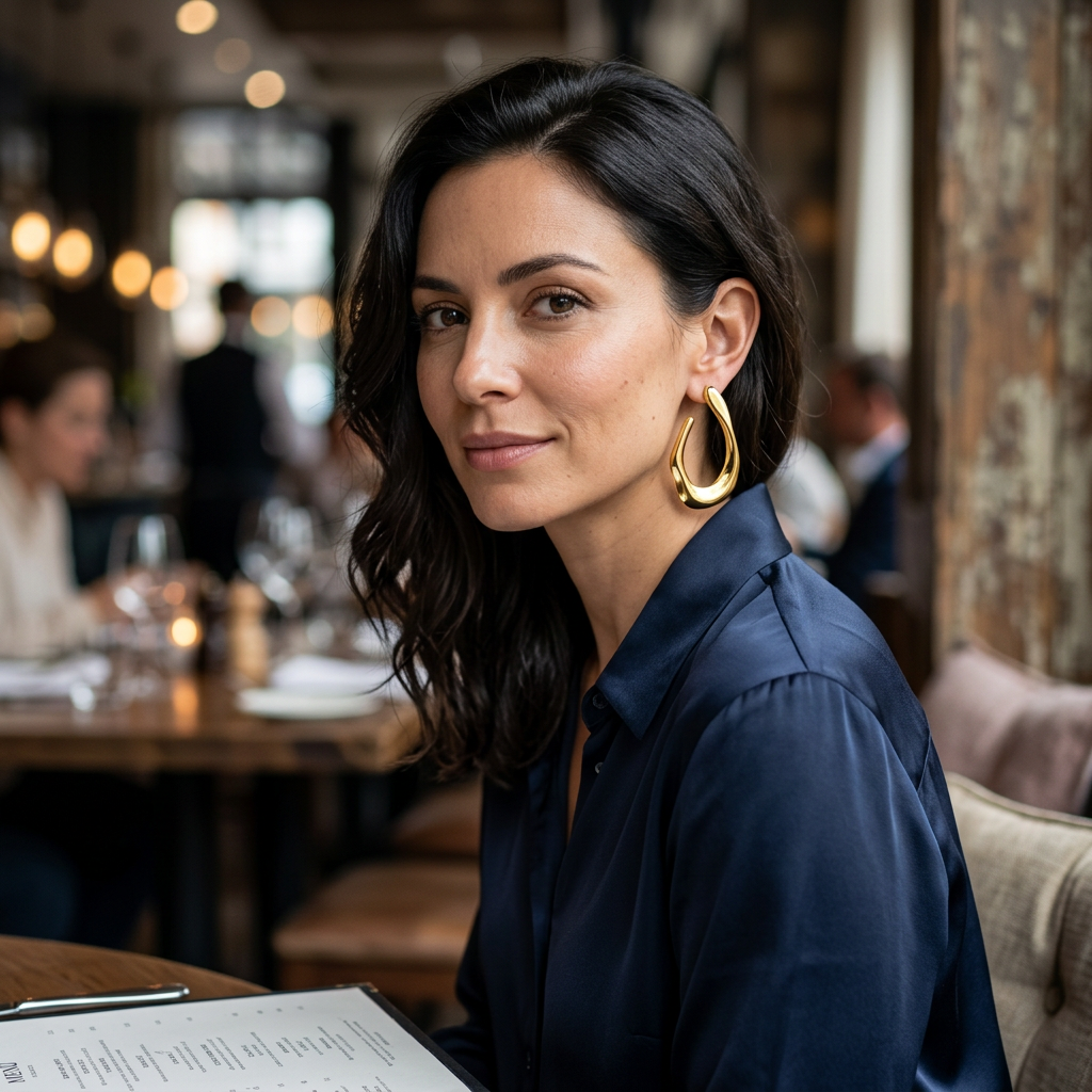 Złoty kolczyk o nieregularnym kształcie na modelce w restauracji